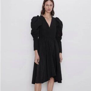 ZARA Black Puff Sleeve Drop Waist V-Neck Dress — Size Small